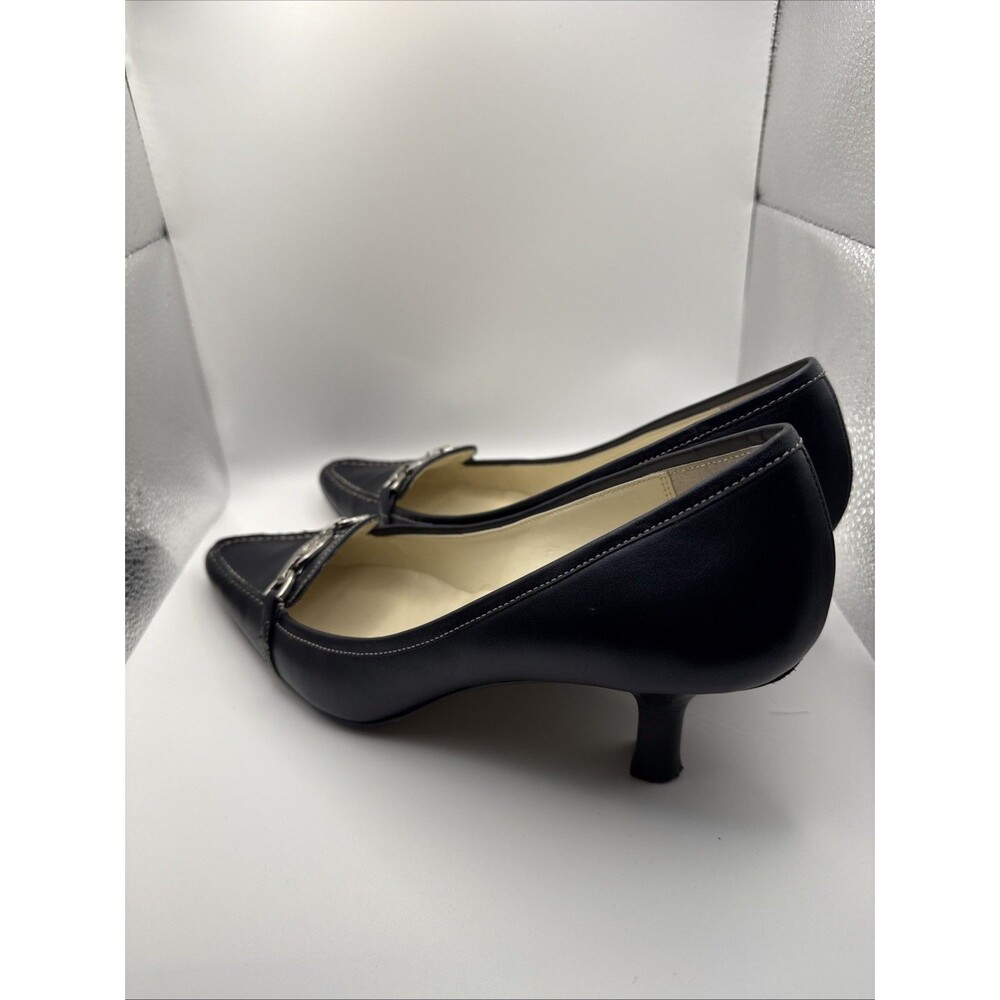 Anne Klein Black Leather Kitten Heel Loafers with Silver Accent - Picture 6 of 10
